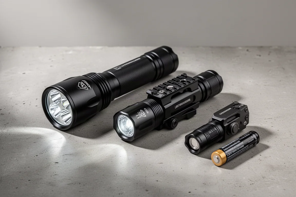 Three Olight flashlights arranged on a matte concrete surface