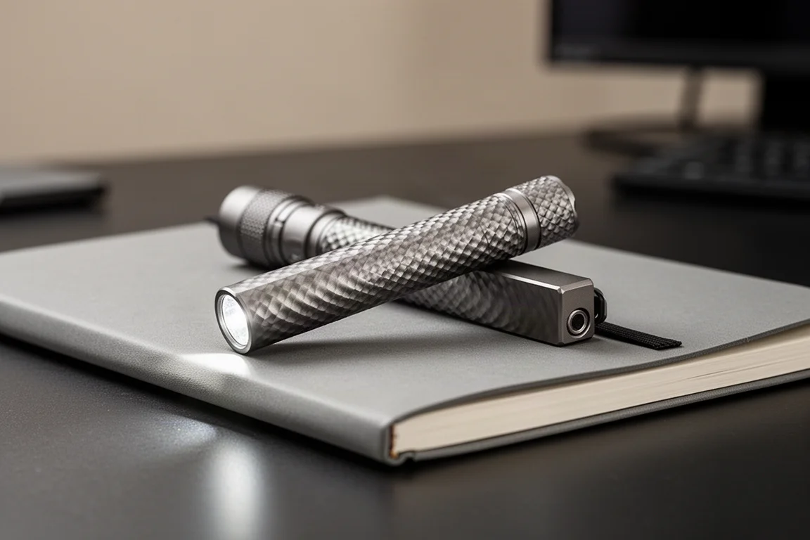 Platte EDC-zaklamp met grijze structuurafwerking liggend op een notitieboek