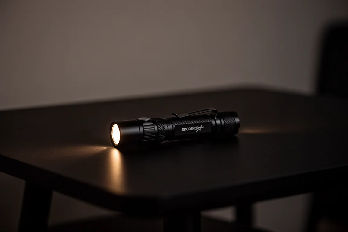 Maanlicht-gloed van een kleine zaklamp op een donkere tafel 's nachts