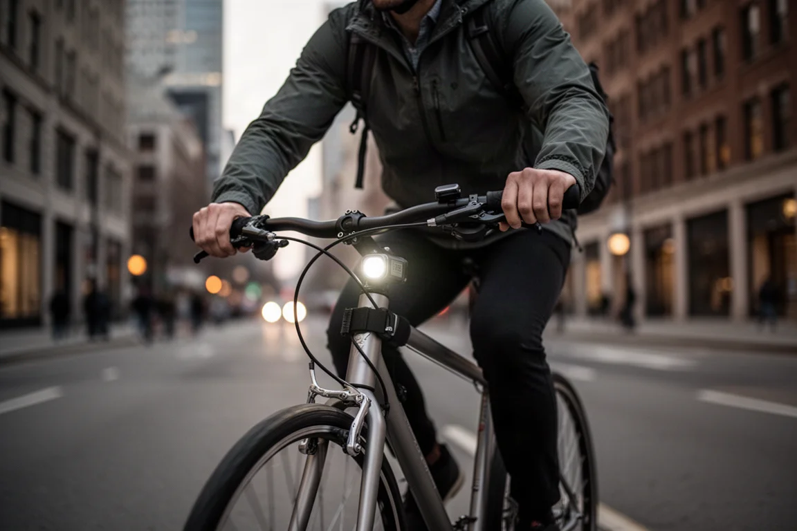 Stadsfiets op weg in de schemering met een klein lampje op de fiets