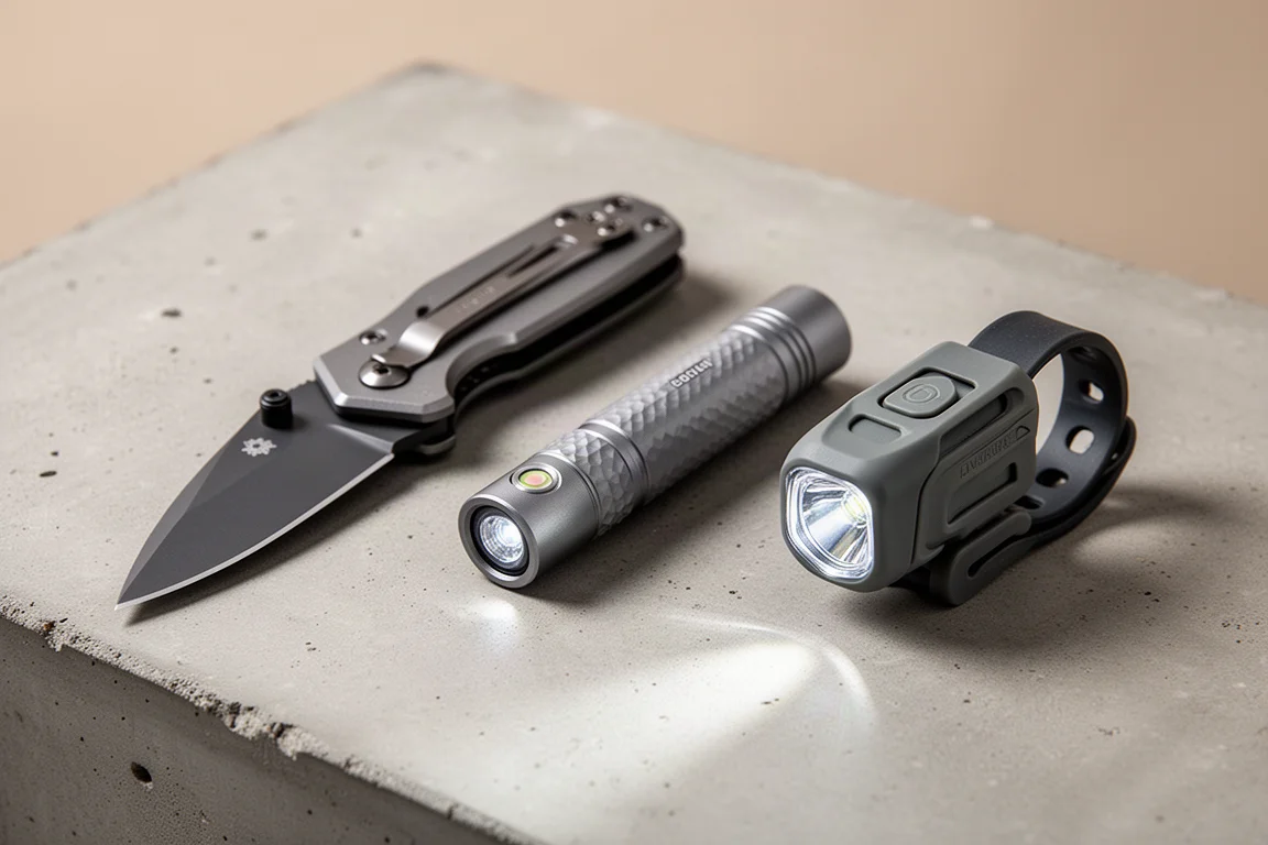 Folding knife, flat EDC flashlight, and compact bike light on concrete surface