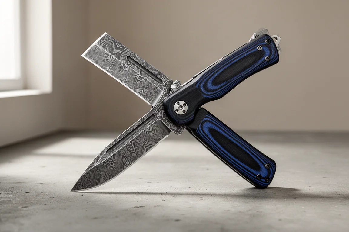 Coltello pieghevole Olight Freeze Three con lama cleaver in Damasco e manico G10 bicolore su cemento