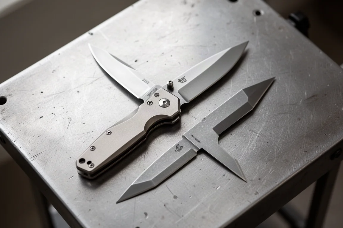 Folding knife lying open on a workshop bench with two blade profiles beside it