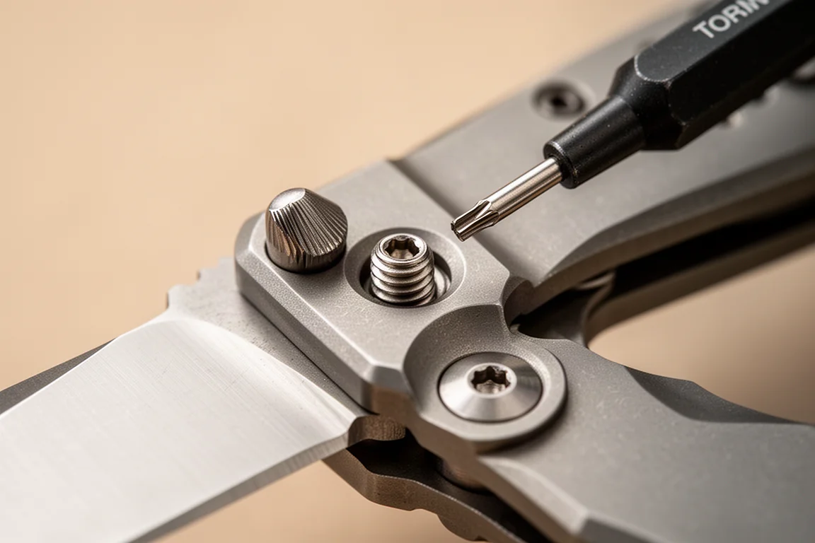 Close-up of a thumb stud mechanism being tightened with a small Torx tool