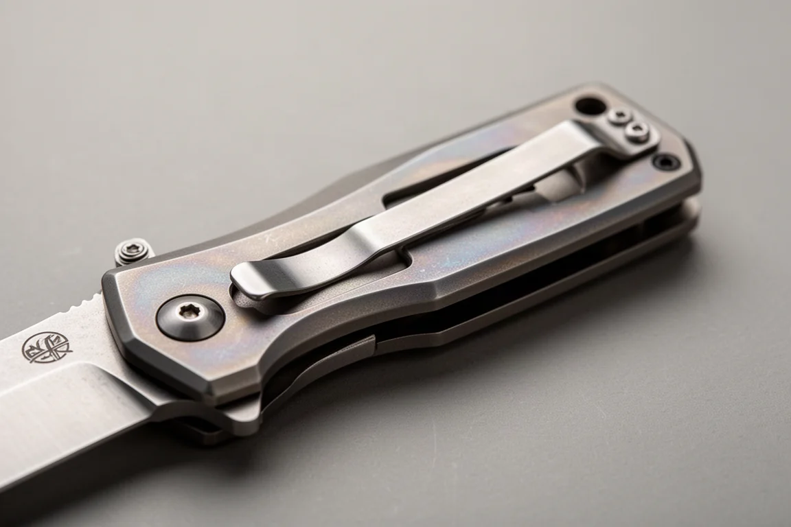 Titanium knife handle with frame lock and stainless steel insert in macro detail