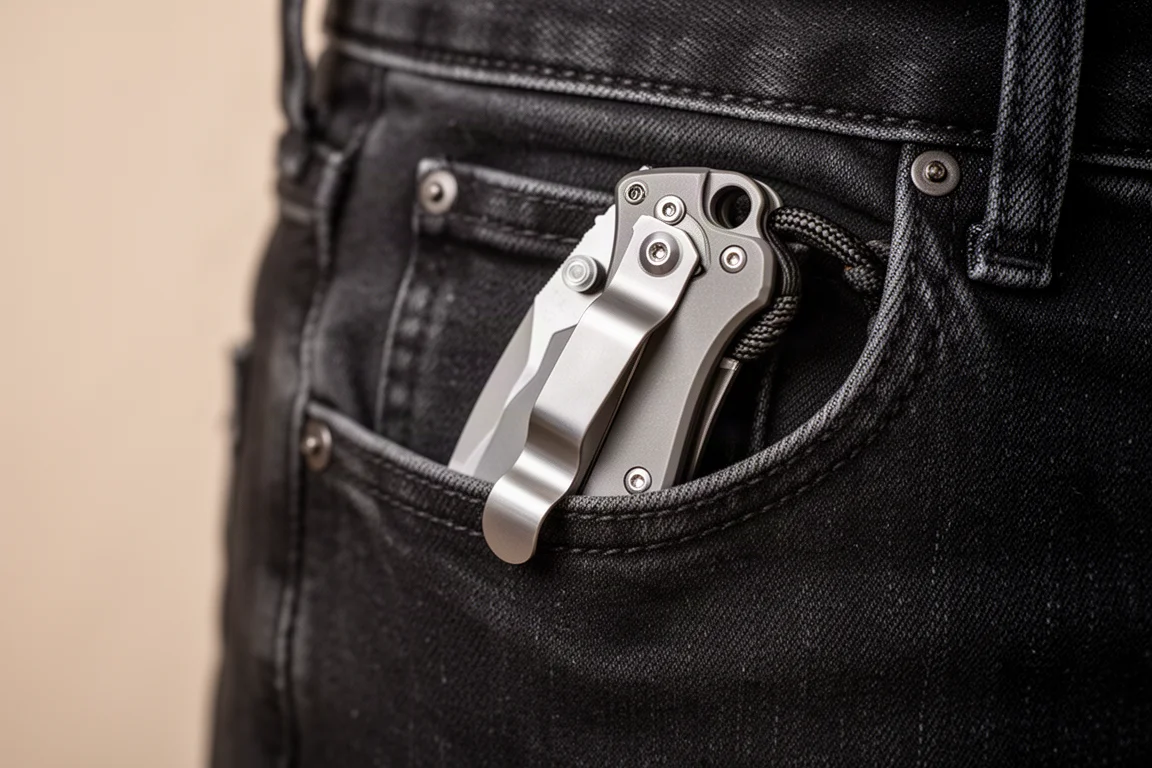 Knife clipped into a jeans pocket with lanyard hole visible