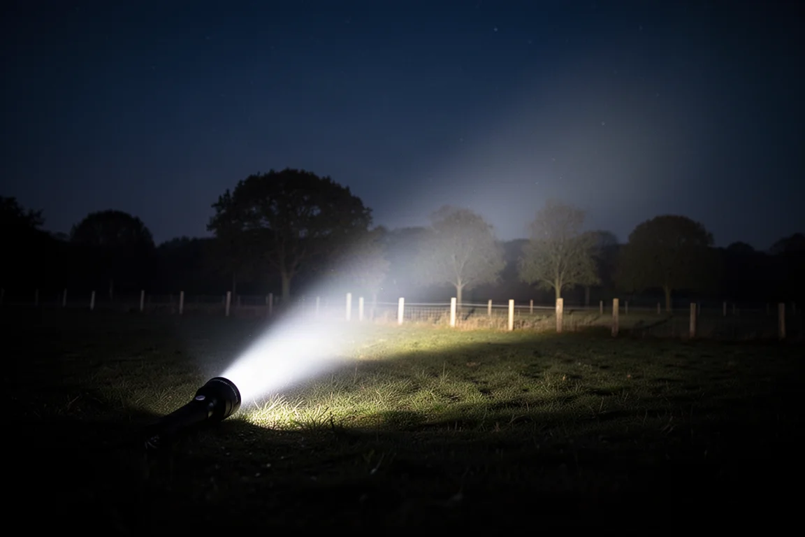 Potente haz de linterna iluminando un campo oscuro por la noche
