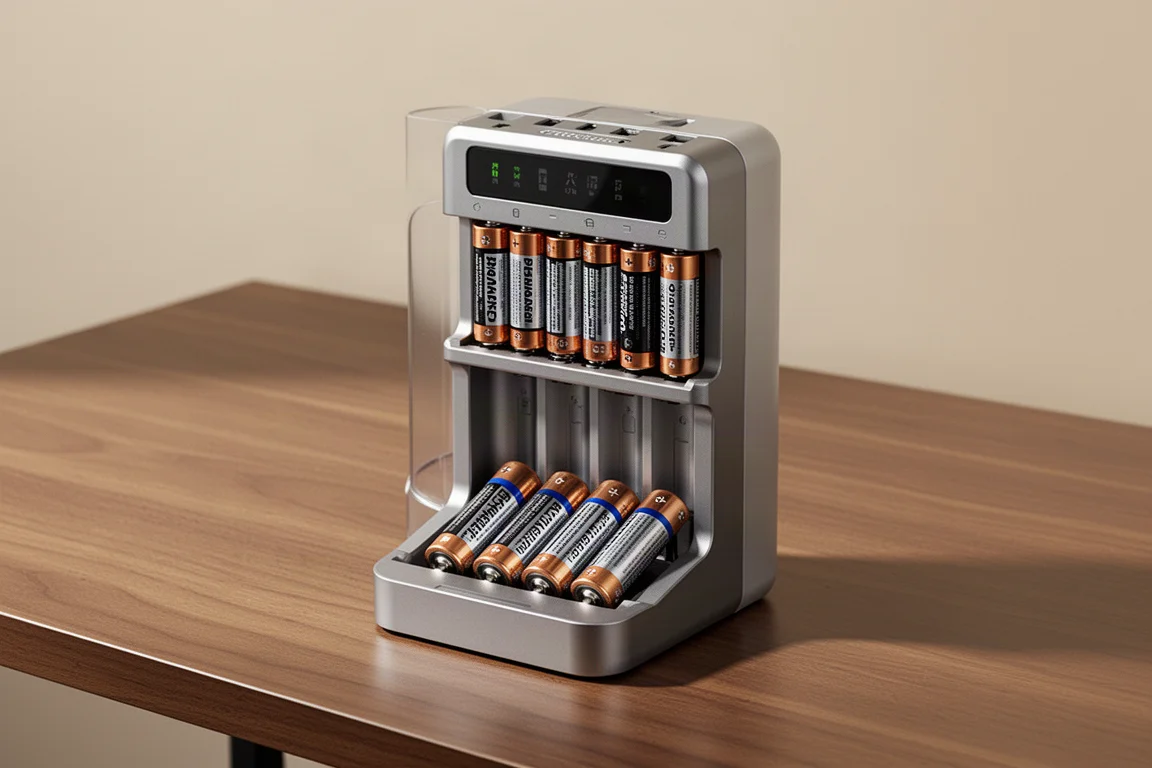 Cargador automático de baterías dispensando baterías AA en una bandeja