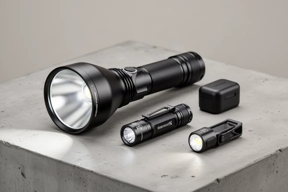 Modern LED flashlights including a long-range thrower and compact pocket light on concrete