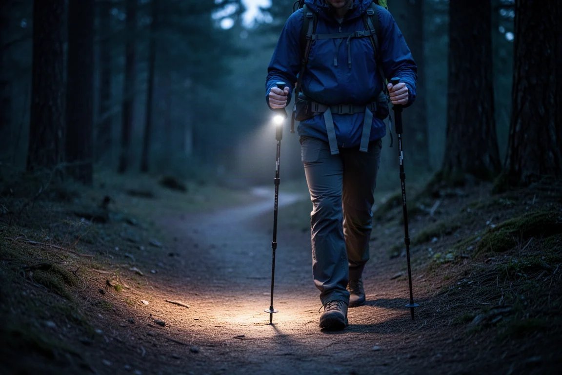 Hiker walking a forest trail at dusk using trekking poles with a lighted grip