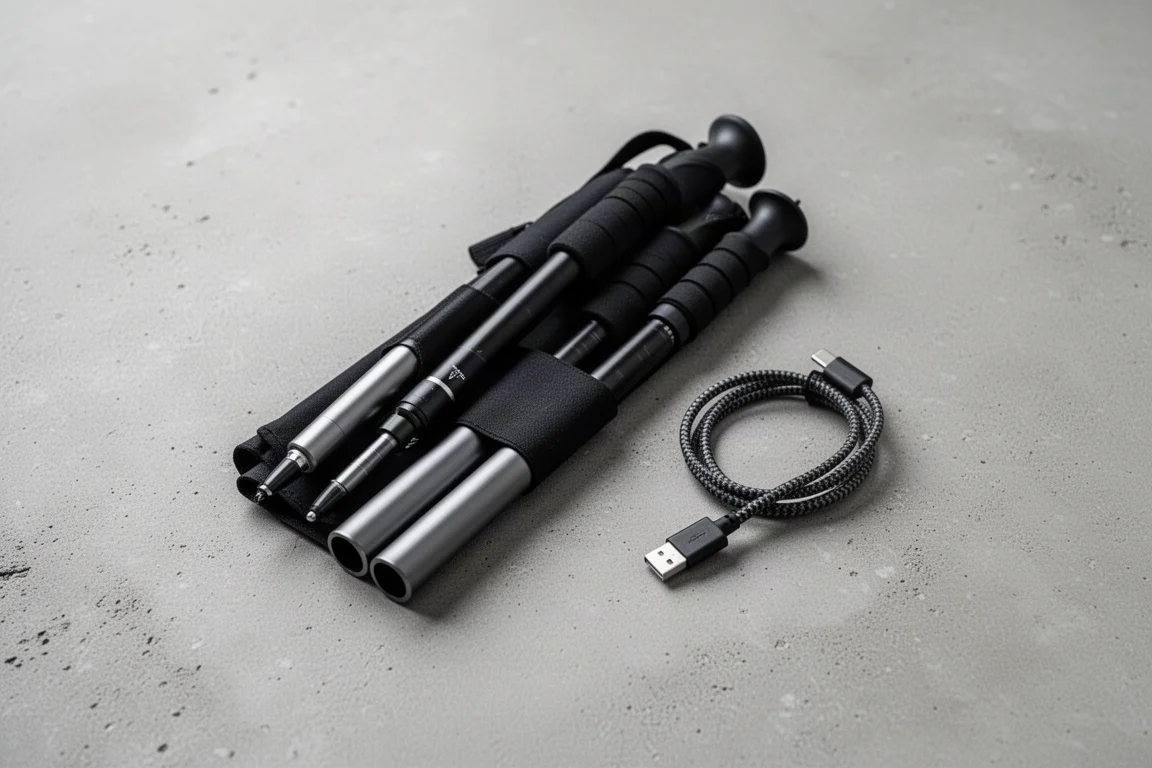 Folded segmented trekking pole sections laid flat next to a USB-C cable