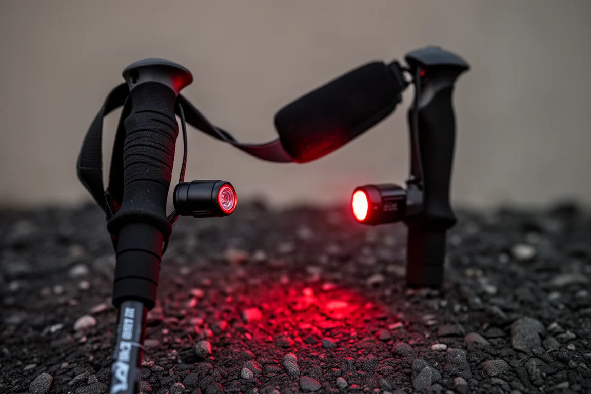 Close-up of a trekking pole handle light casting a red glow on gravel