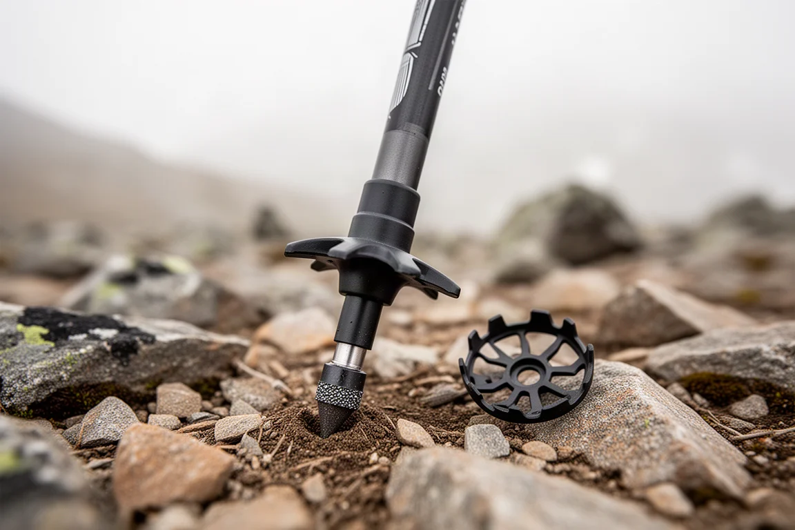 Trekking pole tip with interchangeable basket and carbide tip resting on rocky ground