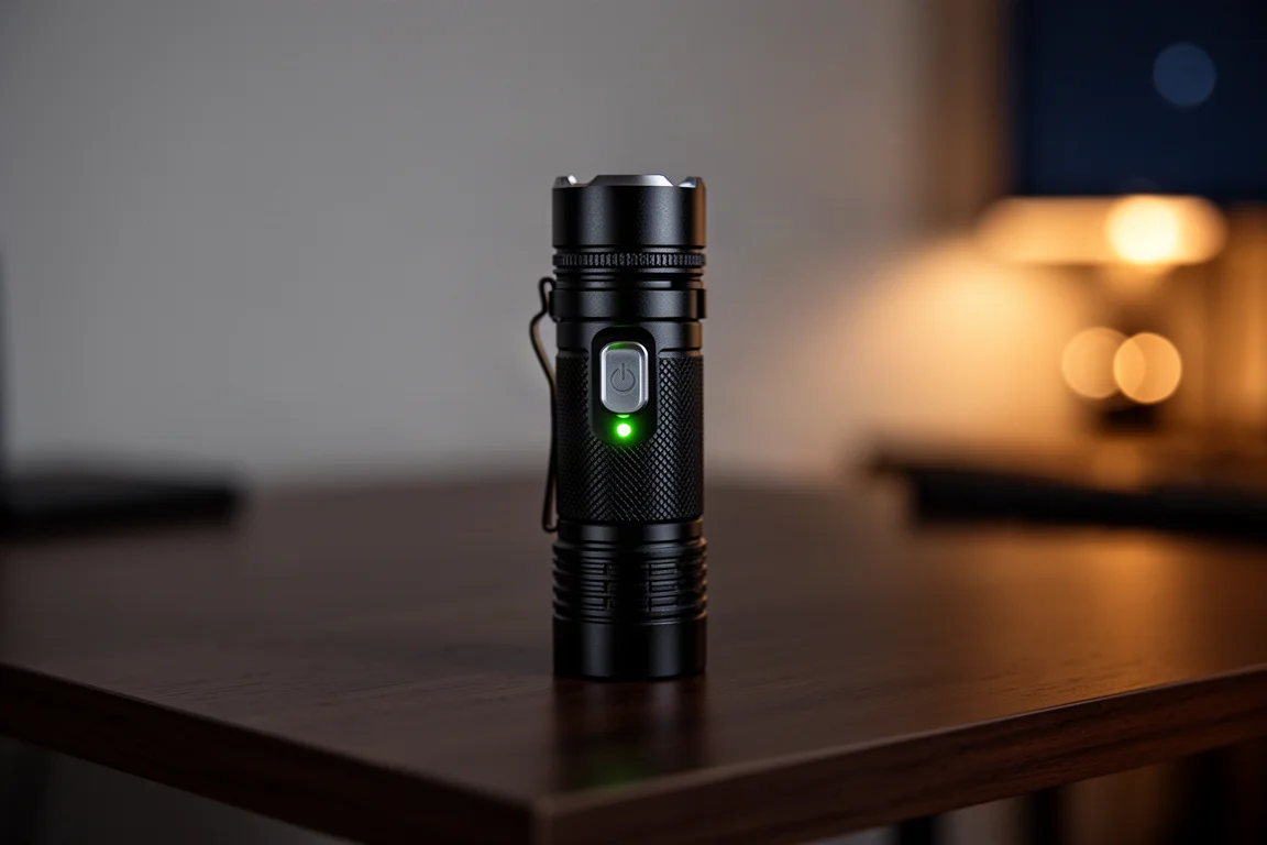 Lanterna de mão exibindo um indicador luminoso ao lado de um botão de controle lateral