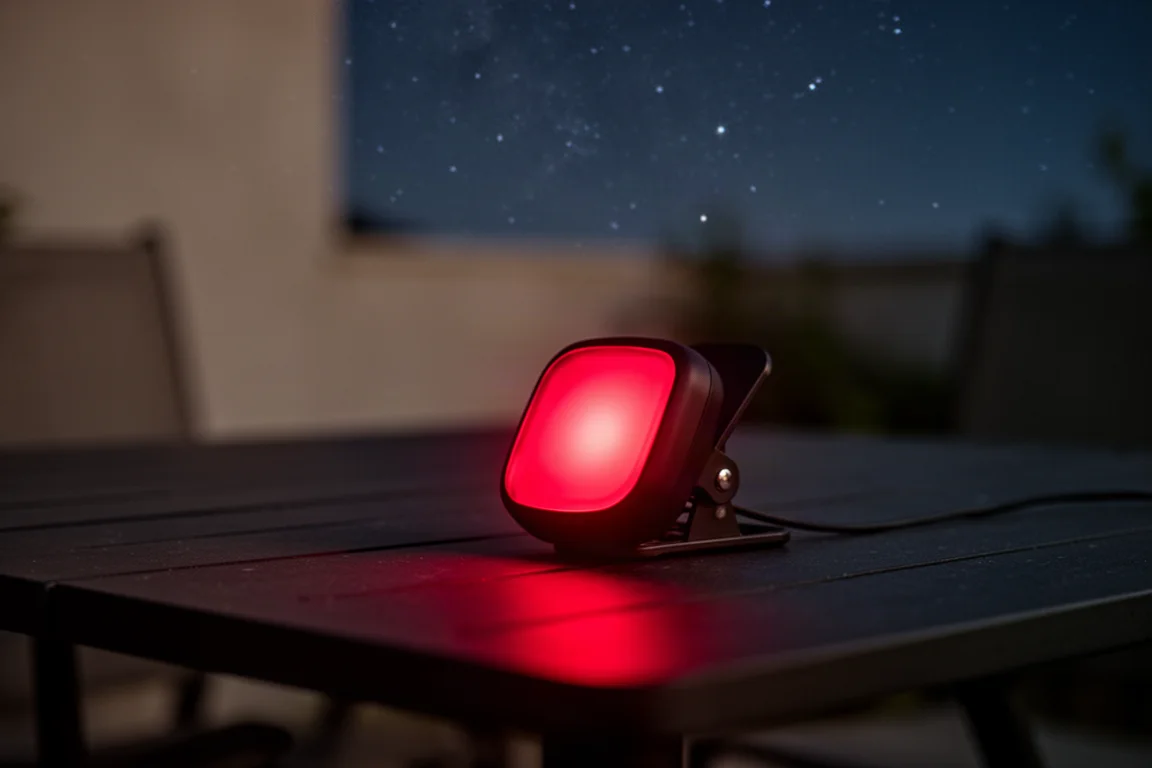 Brilho de LED vermelho de uma lanterna de clipe compacta iluminando uma mesa escura de acampamento