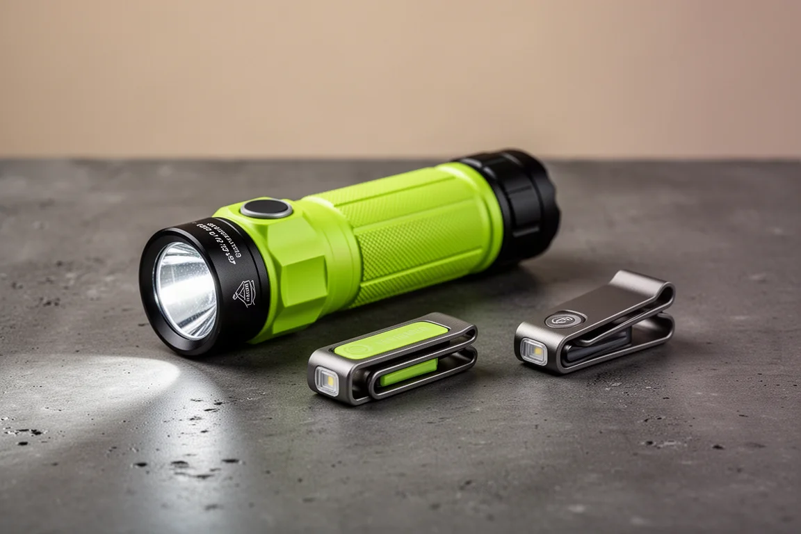 Olight Seeker 4 Pro i dwie latarki Oclip na ciemnej betonowej powierzchni