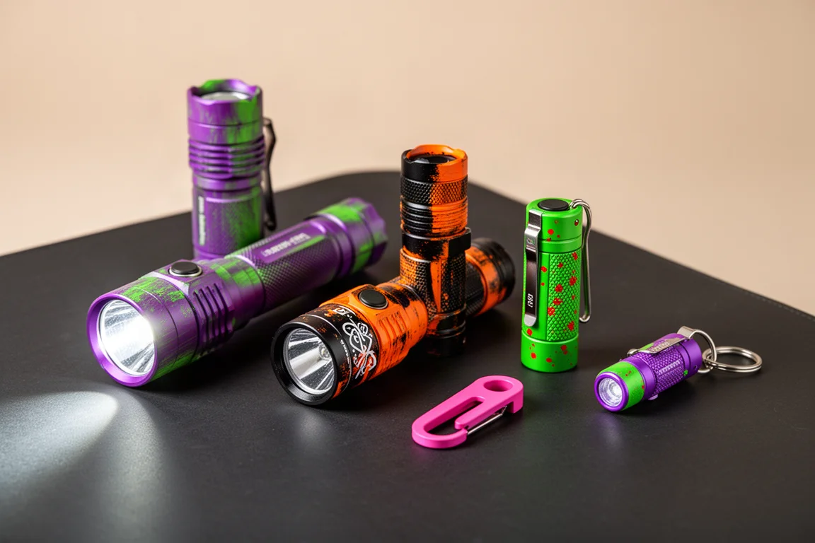Cinque torce Olight e accessori in colorazioni Halloween disposti su una superficie scura