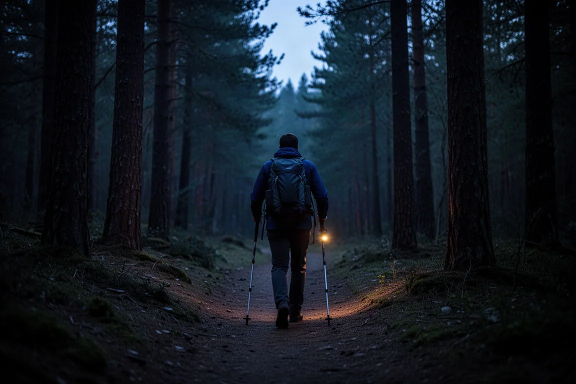 Turysta idący ciemnym szlakiem o zmierzchu z kijami trekkingowymi