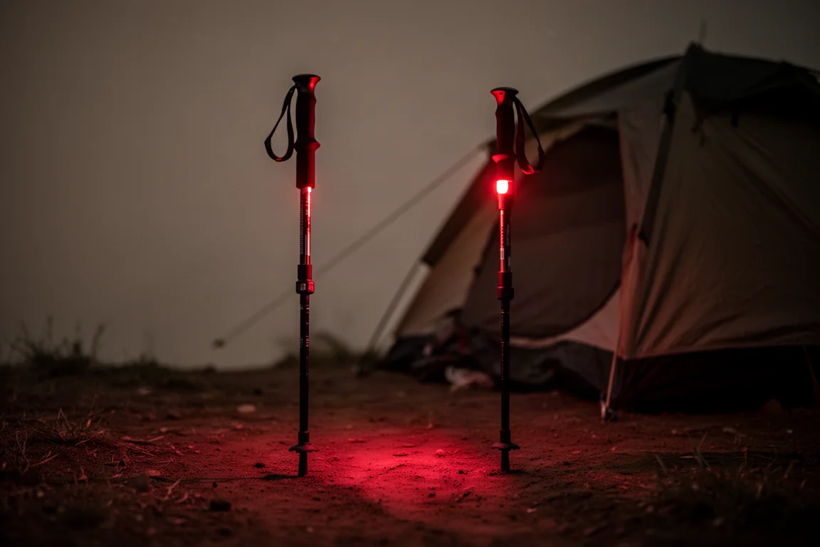 Czerwone światło świecące z rączki kija trekkingowego w ciemnym obozie