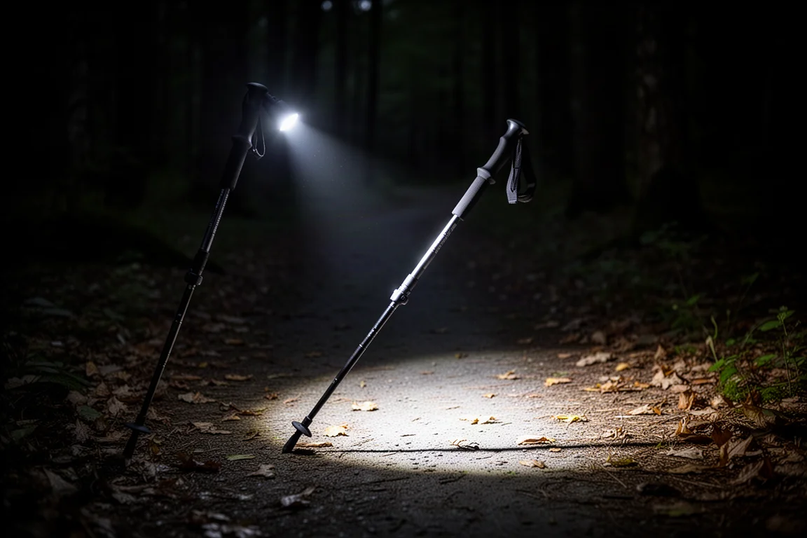 Kij trekkingowy rzucający jasny biały snop światła na ciemną ścieżkę leśną