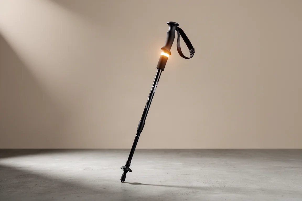 Aluminum hiking pole with a lighted handle standing on a concrete surface