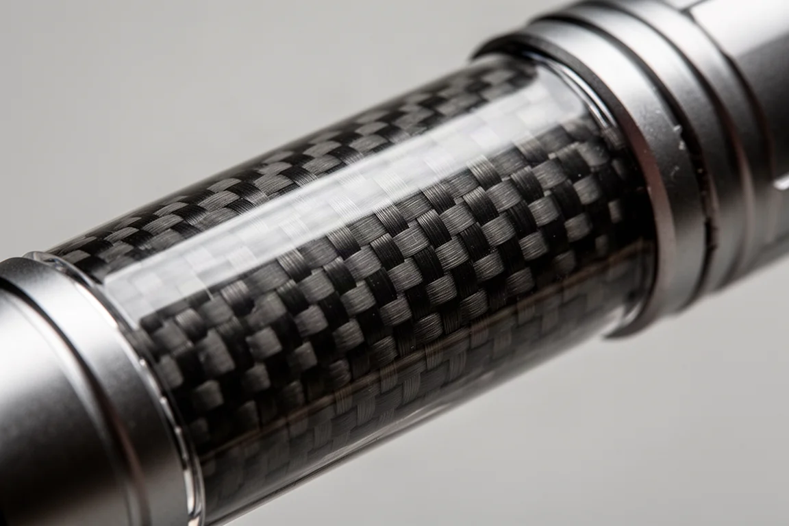 Close-up of a carbon fiber weave texture on a flashlight body under soft light