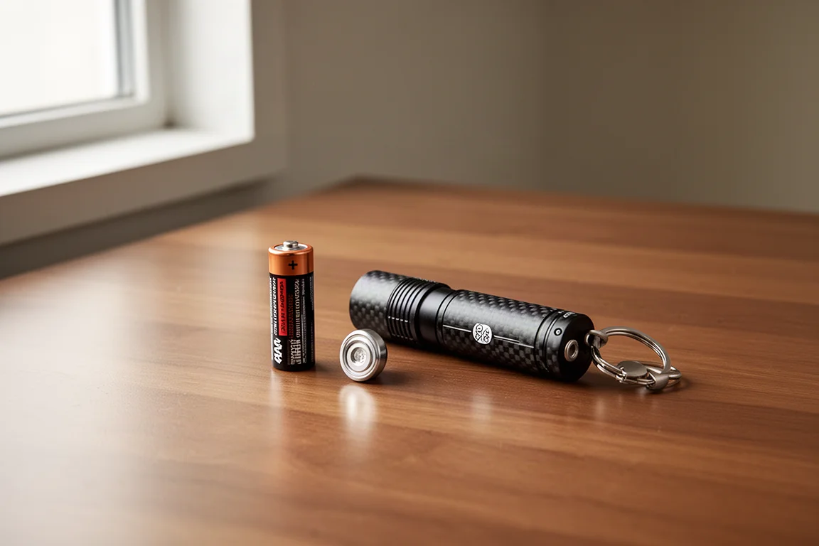 Single AAA battery resting beside a small keychain flashlight on a wooden desk