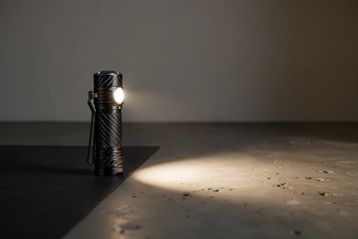 Compact flashlight casting a soft beam across a dark surface at night