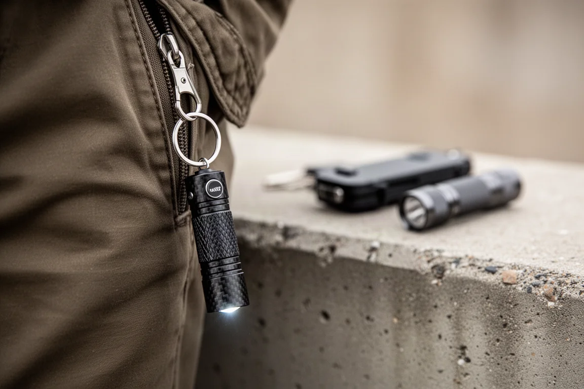 Keychain flashlight clipped to the edge of a pocket with everyday carry items nearby