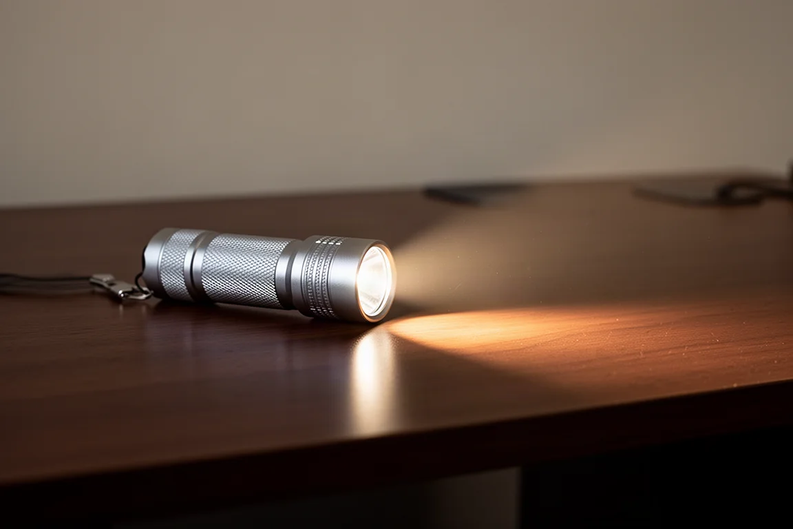 Linterna proyectando un haz brillante y cálido sobre una superficie de escritorio oscura