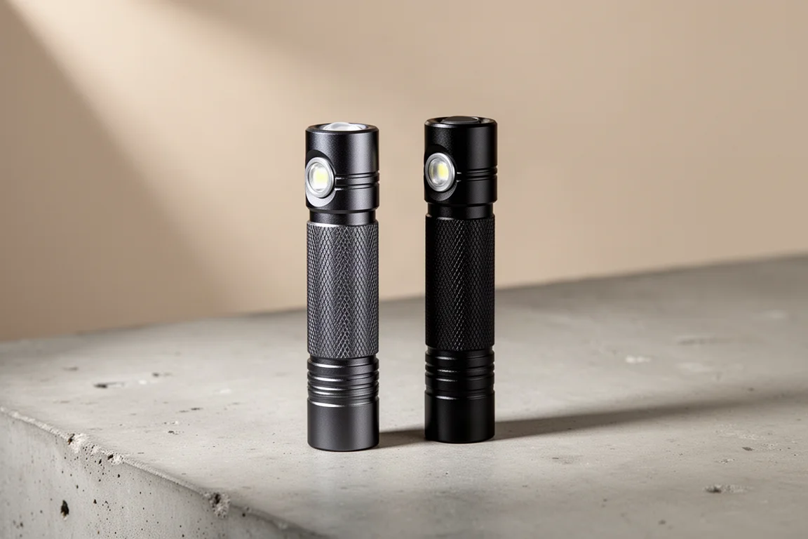 兩支小型 Olight EDC 手電筒直立於混凝土表面上