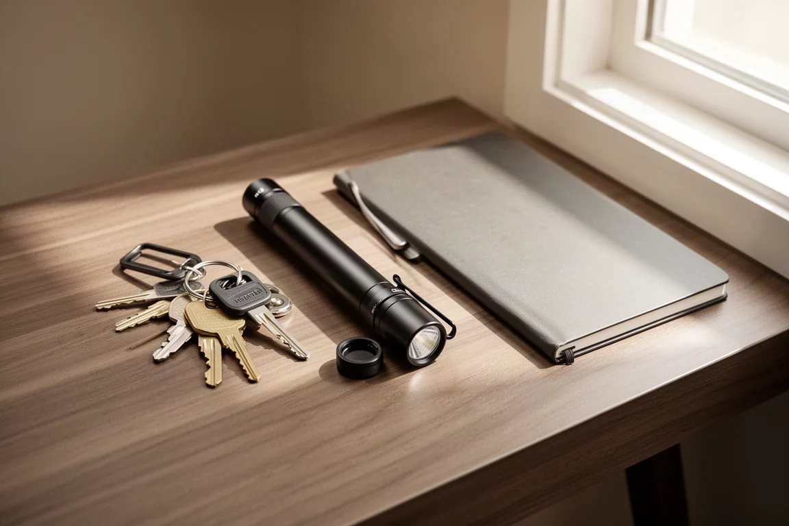 Lampe EDC compacte posée sur un bureau en bois à côté de clés et d'un carnet