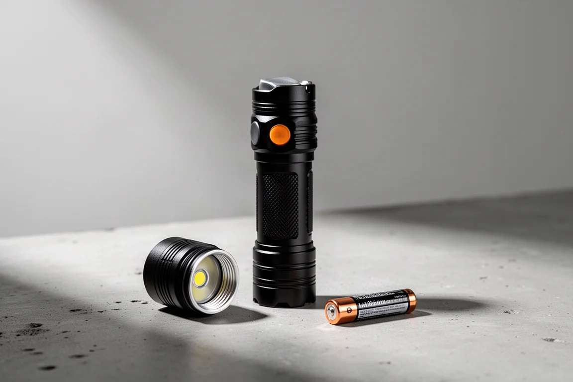 Compartiment à pile ouvert de la lampe avec une petite pile à côté