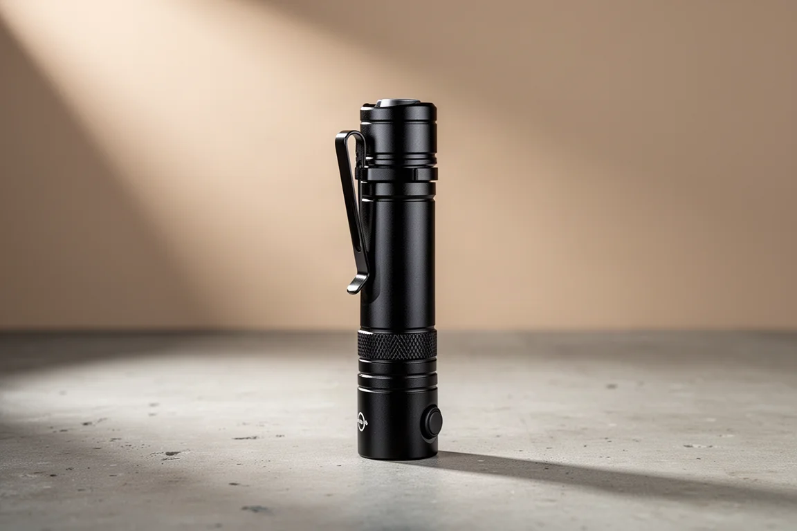Compact black aluminum EDC flashlight with pocket clip on concrete surface