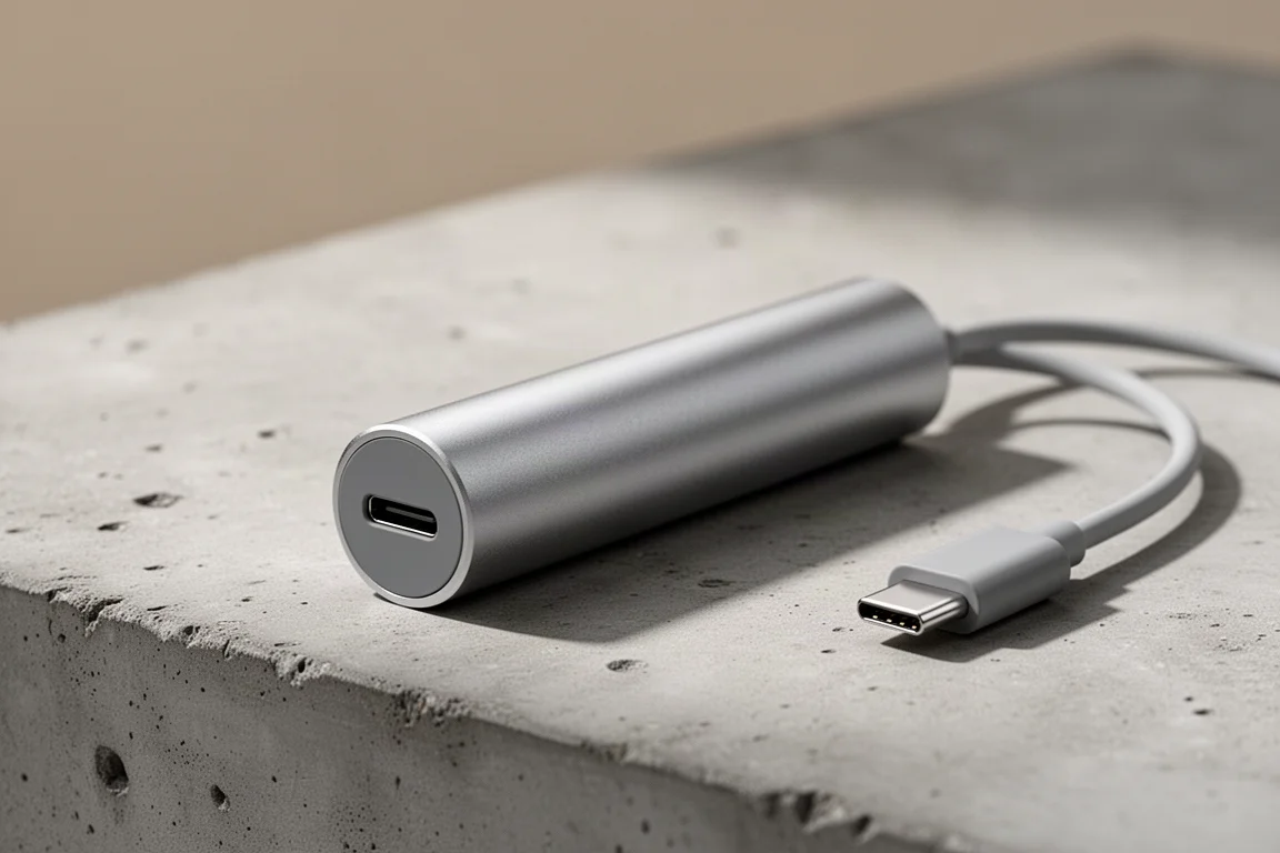 デスクの上で、小型充電式フラッシュライトのバッテリーにUSB Type-Cケーブルが接続されている様子