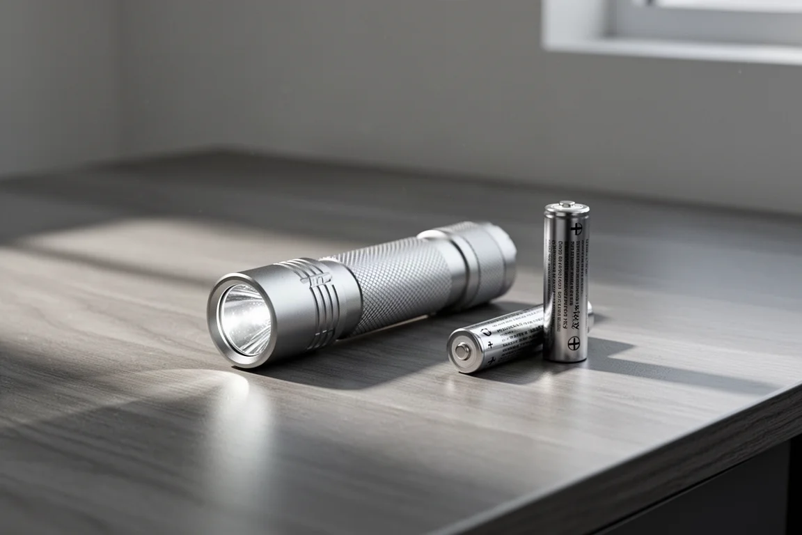 Liten vardagsficklampa som vilar på ett skrivbord bredvid ett uppladdningsbart batteri