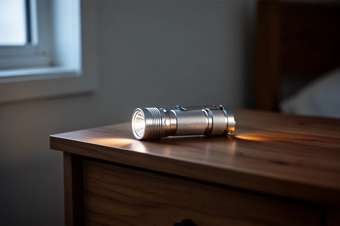 Handstor ficklampa på en nattduksbord i ett svagt upplyst sovrum