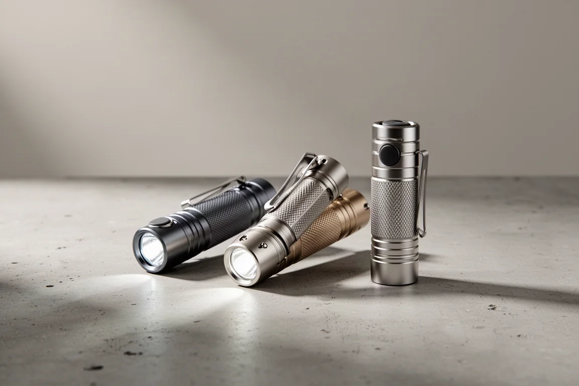 Trzy kompaktowe latarki EDC ułożone na matowej betonowej powierzchni