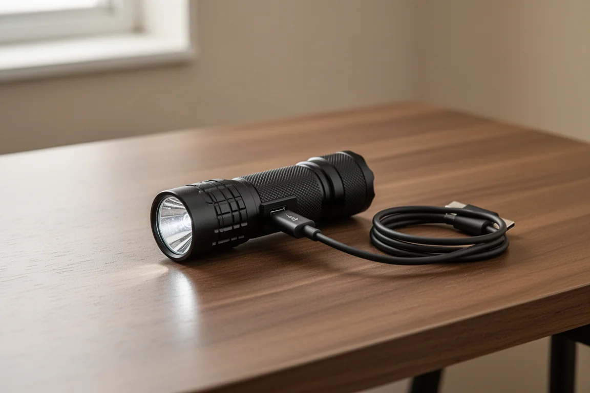Cable de carga USB-C conectado a una linterna pequeña sobre un escritorio de madera