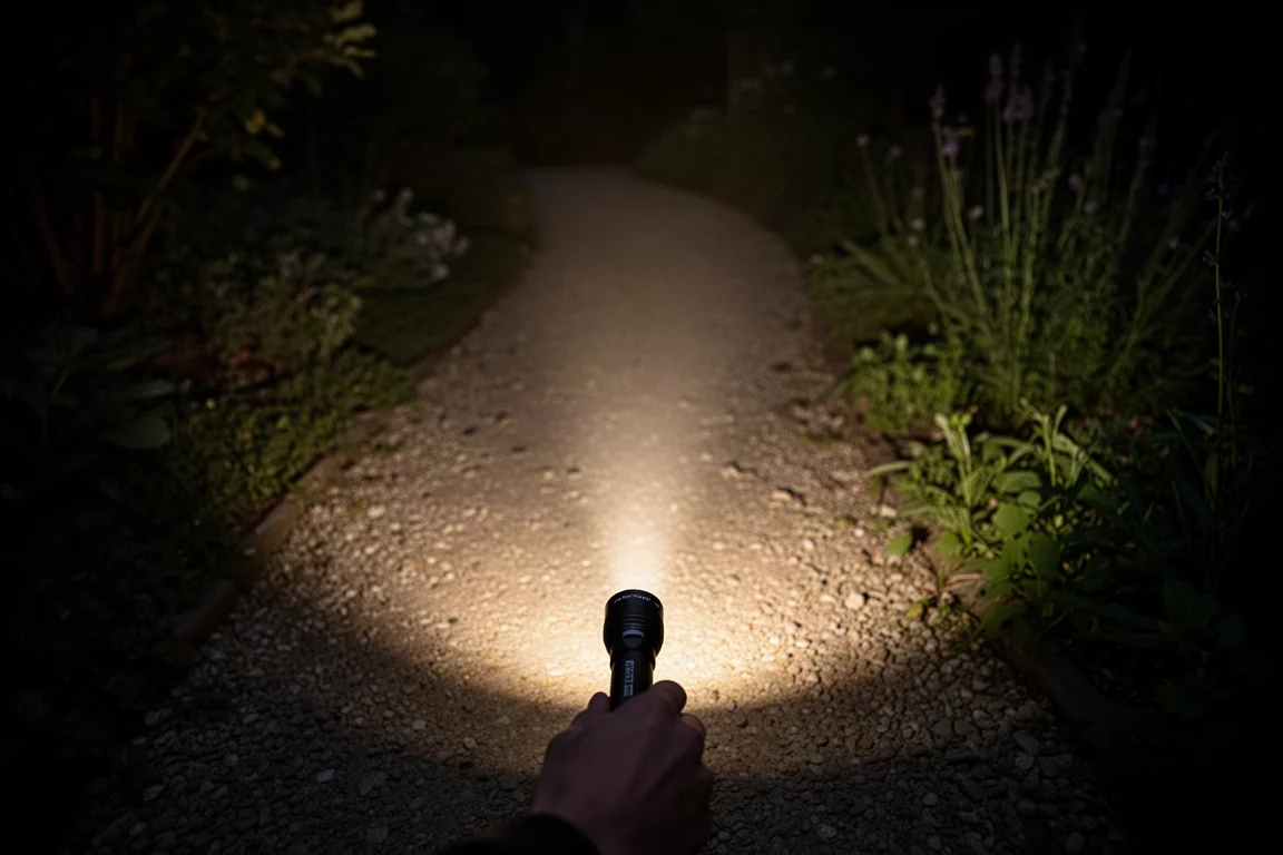 Haz de la linterna iluminando un camino de jardín oscuro con derrame suave