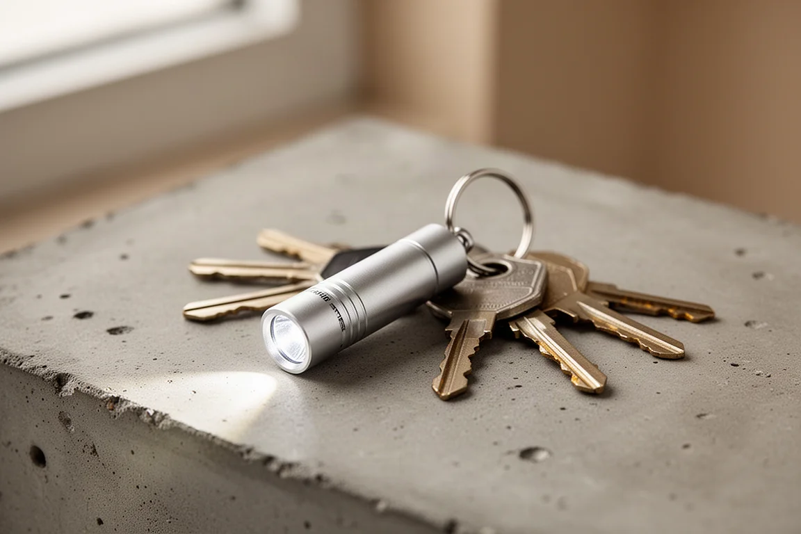 Kleine Aluminium-Schlüsselbundlampe an einem Schlüsselbund auf einem Holztisch