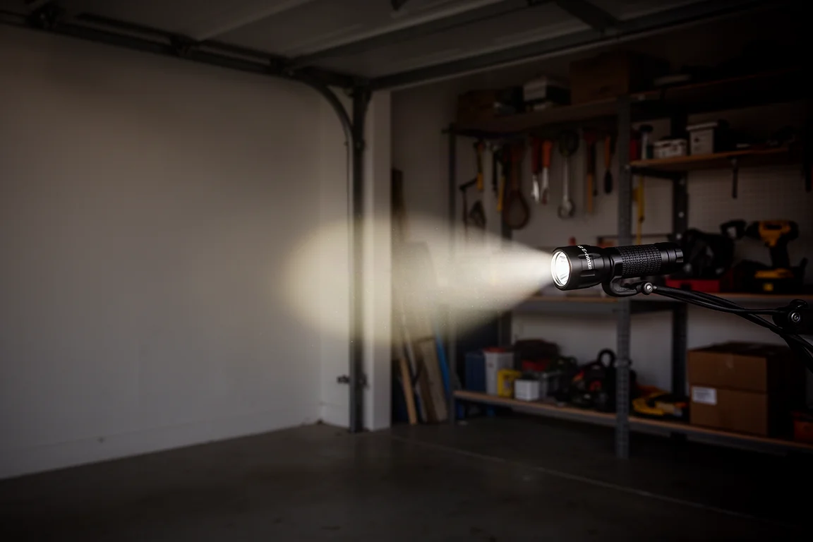 Lichtkegel einer kompakten Taschenlampe erhellt eine dunkle Garagenecke
