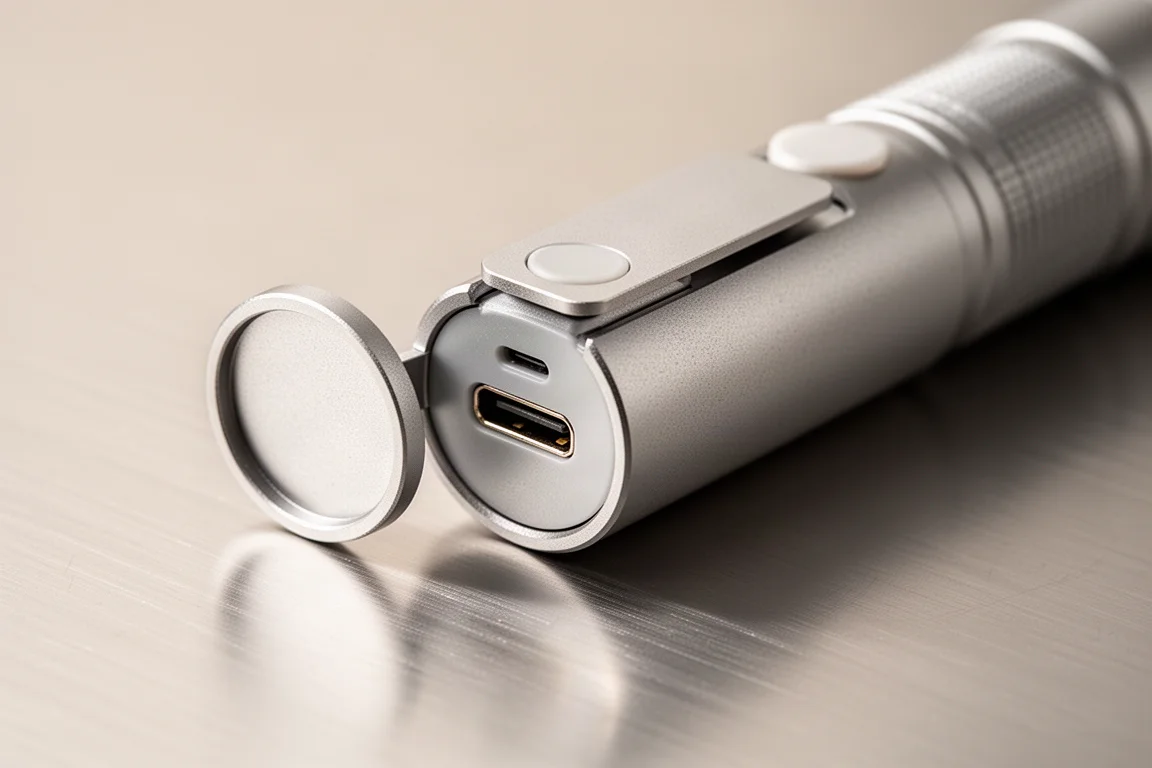 USB-C-Ladeanschluss an einer kleinen Taschenlampe freigegeben, die auf einem Schreibtisch liegt