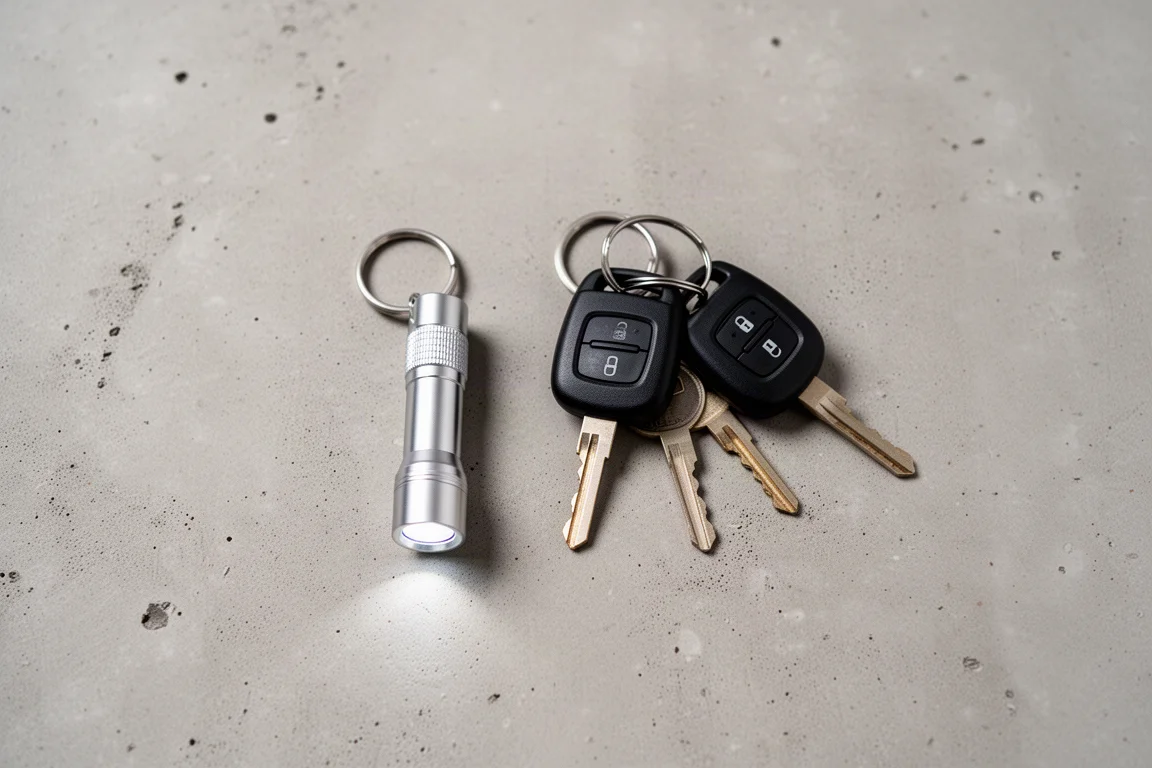 Kleine Taschenlampe und Autoschlüssel für Größenvergleich auf neutraler Oberfläche nebeneinander