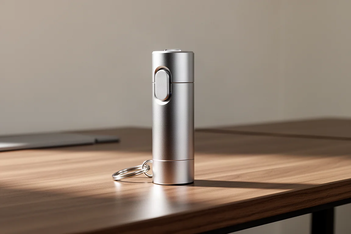 Aluminiowa latarka kieszonkowa Olight iMini 2 na szczotkowanym drewnianym biurku