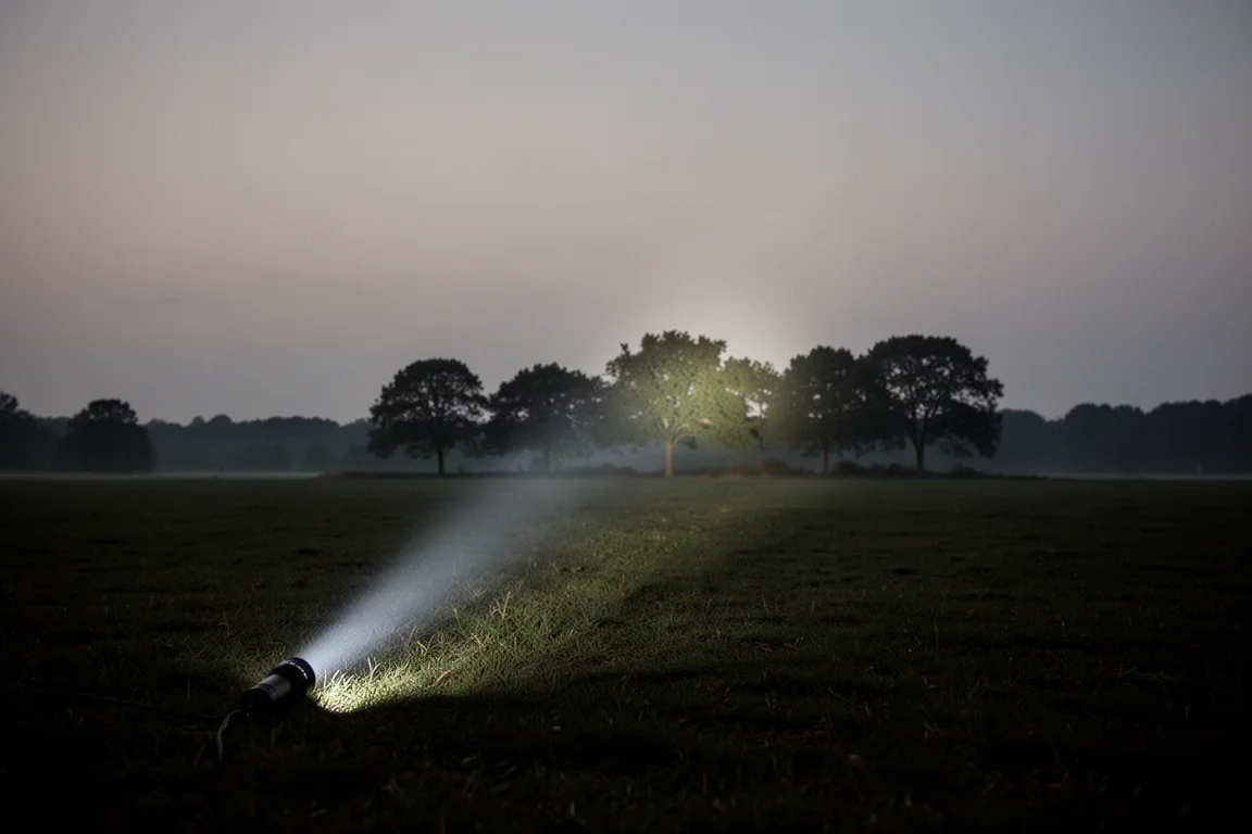 Lichtbundel van een zaklamp die 's nachts ver over een open veld reikt