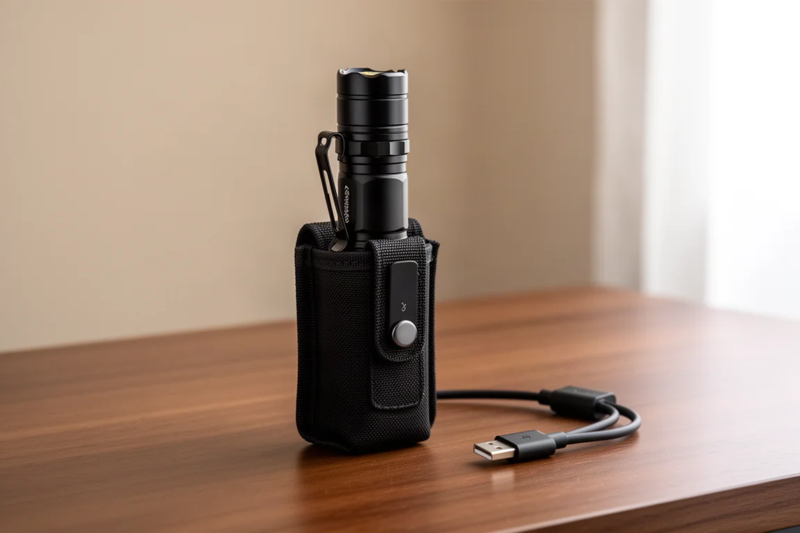 Zaklamp rechtop staand in de meegeleverde holster op een houten bureau