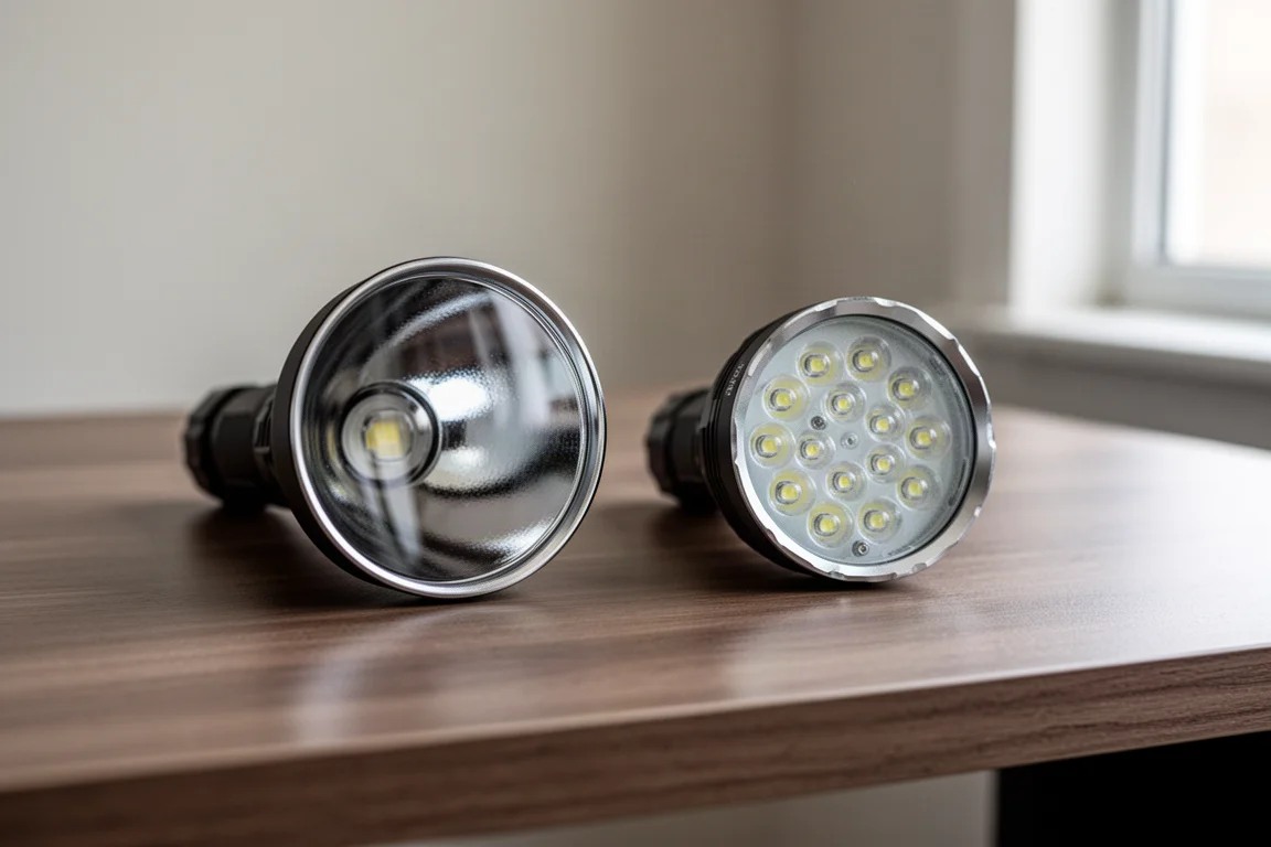 Two flashlights side by side, one with a deep spotlight reflector and one with a shallow flood head