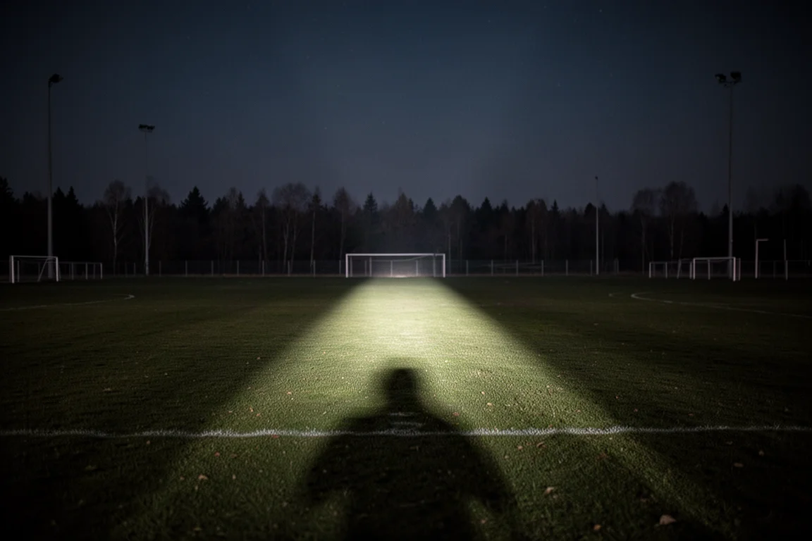 Person testing a flashlight beam across an open field at night