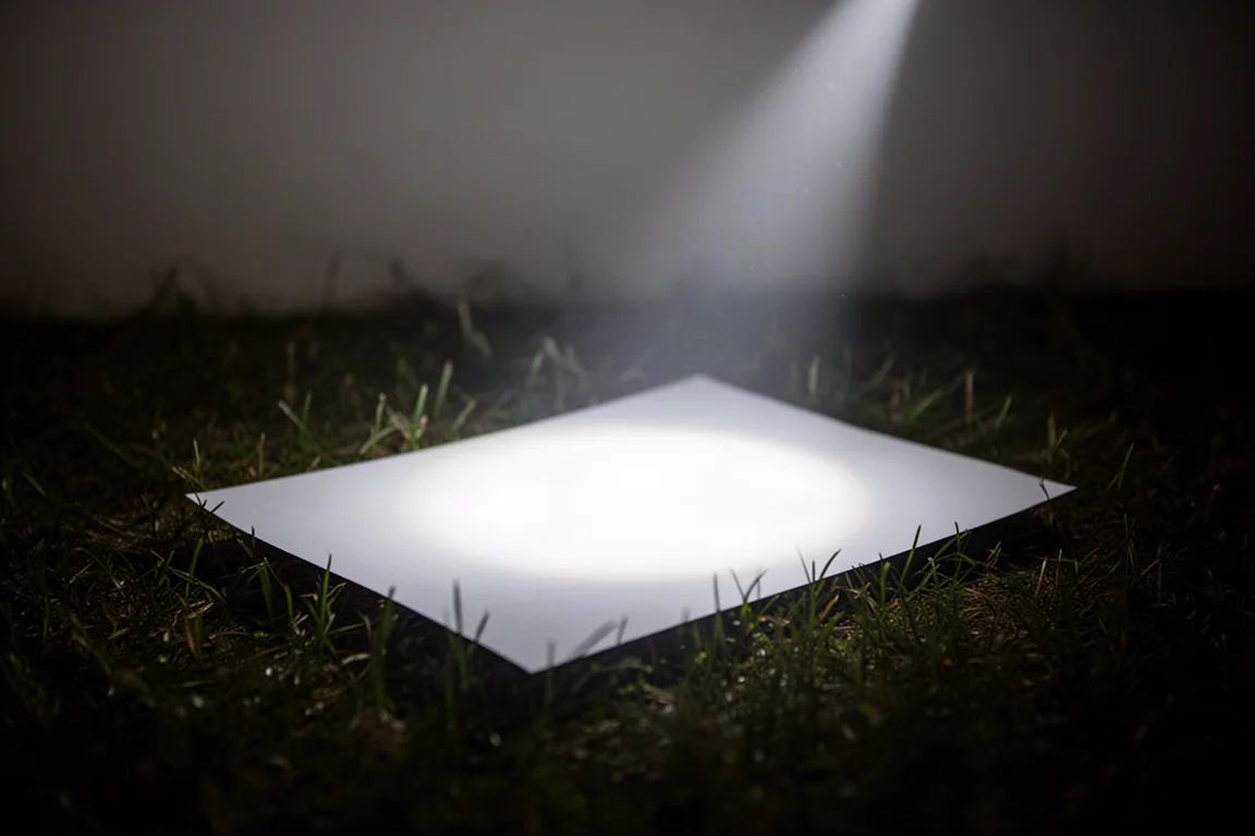 Flashlight beam illuminating a piece of paper on grass at night